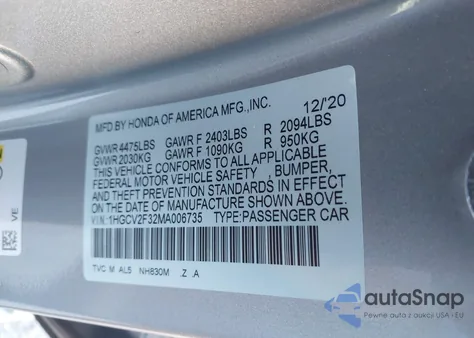 2021 Honda Accord Sport 2.0T from USA, damaged, VIN 1HGCV2F32MA006735